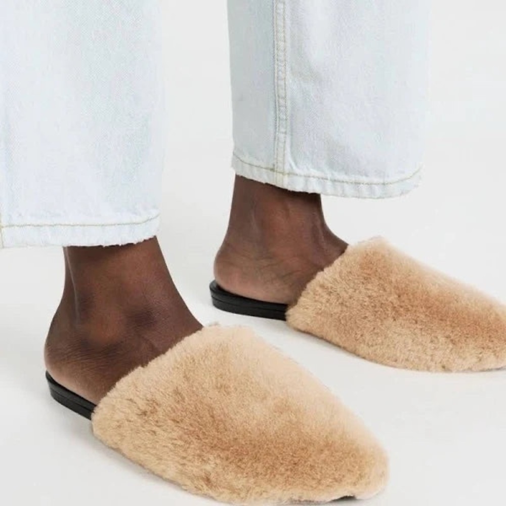 NEW Jenni Kayne Shearling Mule Slip On Flat Shoes Brown Black Leather Slides - Picture 7 of 9